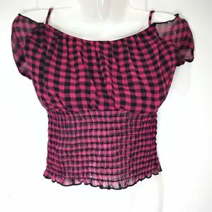Body Central Short Sleeve Off-Shoulder Red & Blaak Gingham Smocked Crop Top Sm.